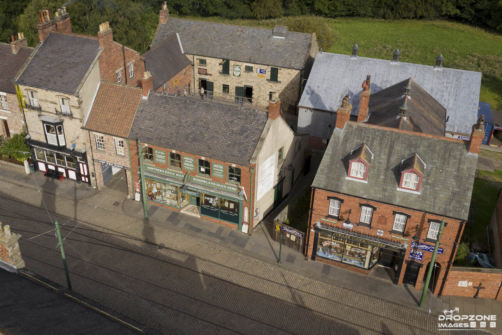 Aerial view by drone over Beamish museum. Historic sight from the skies