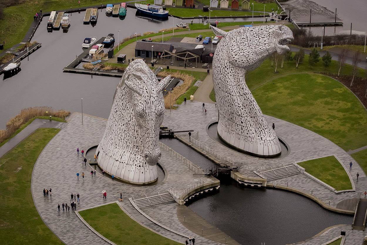 Kelpies in Falkirk, Scotland by drone. Safe drone operator legally compliant