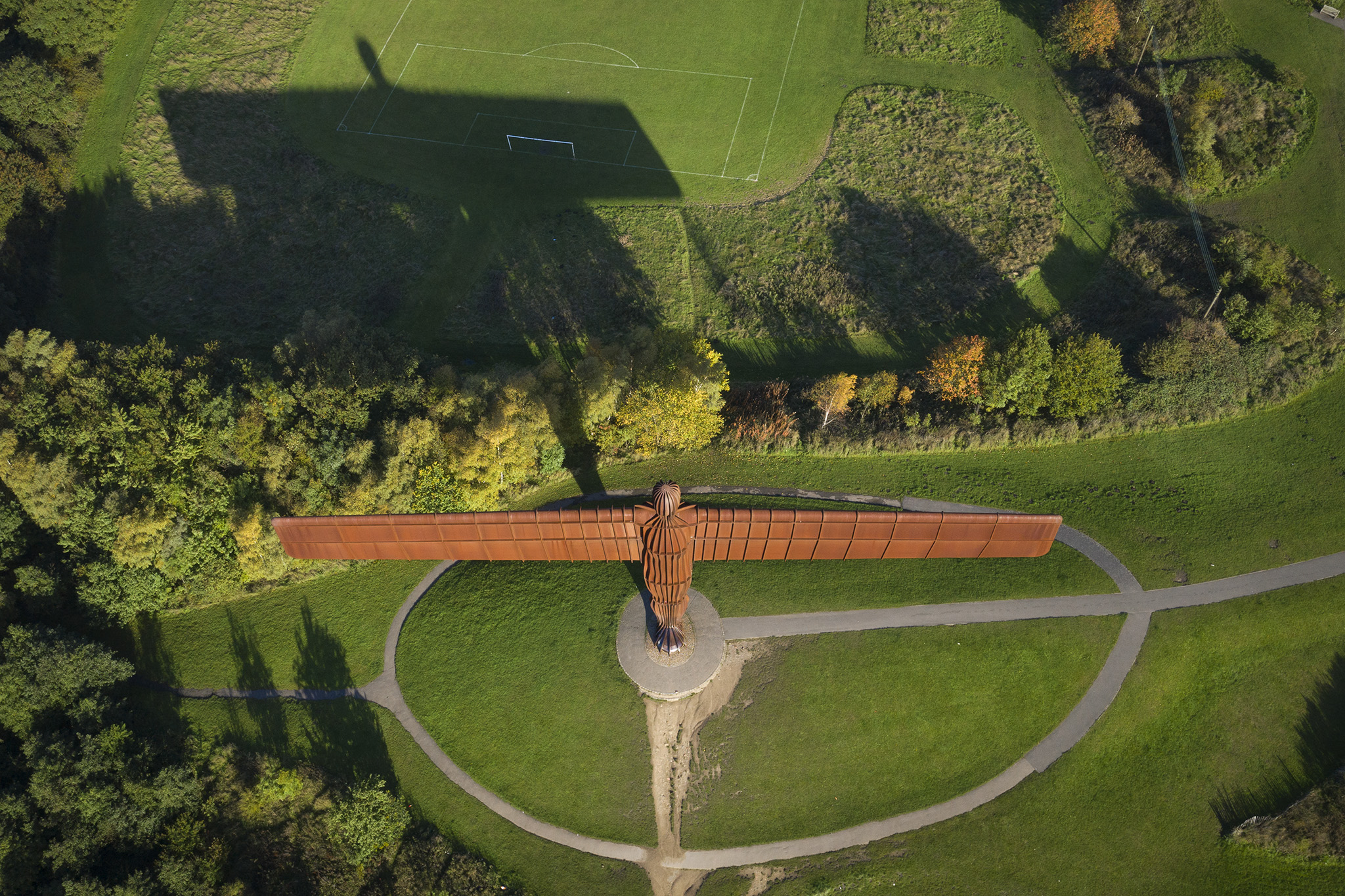 Aerial view of the Angel of the North. North East iconic structures seen from above.