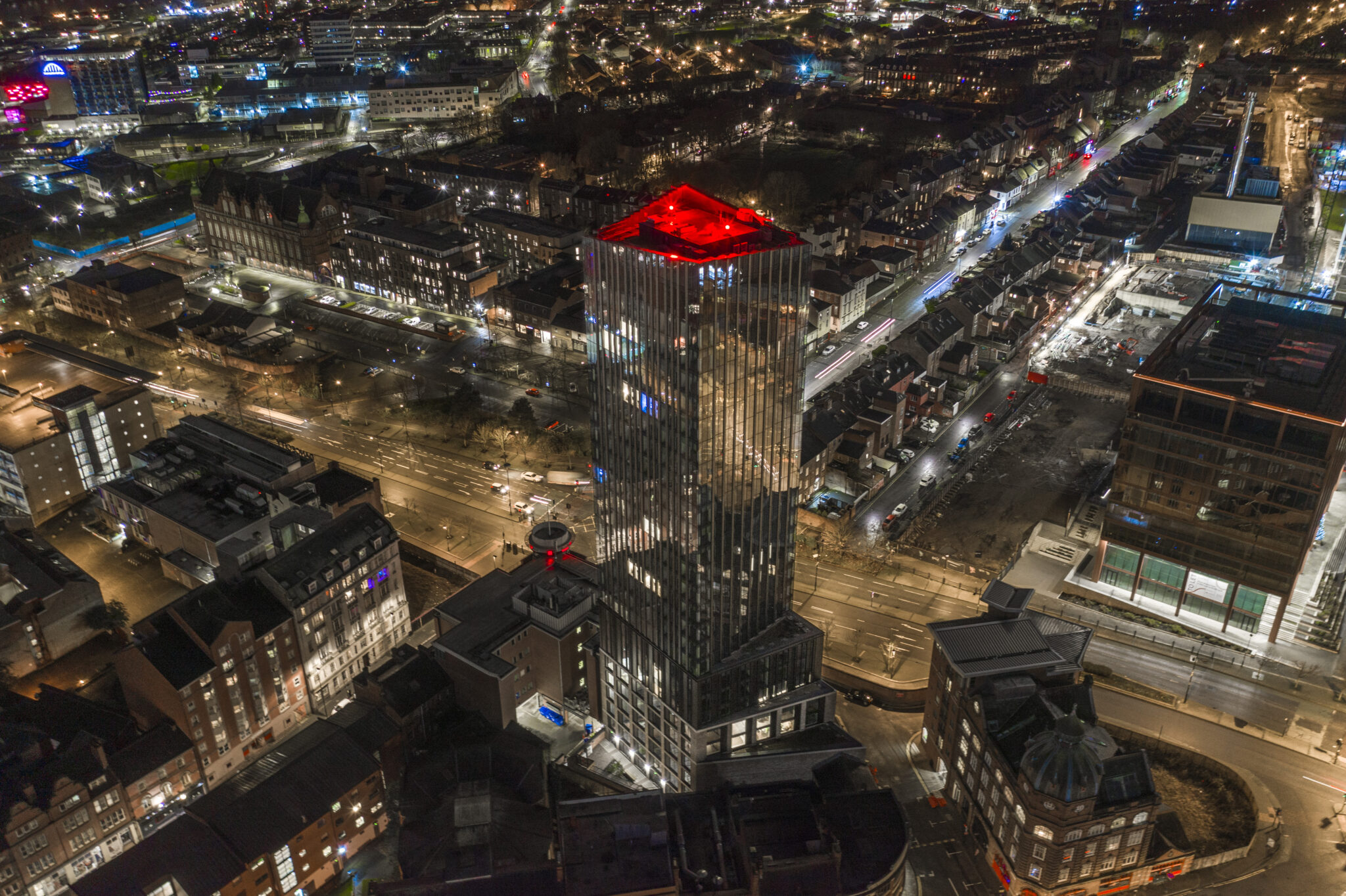 Drone image at night of Hadrians Tower Newcastle